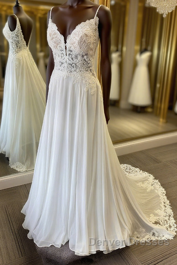 V Neck and V Back White Lace Long Prom Dress, White Lace Wedding Dress, Long White Formal Evening Dress Main image