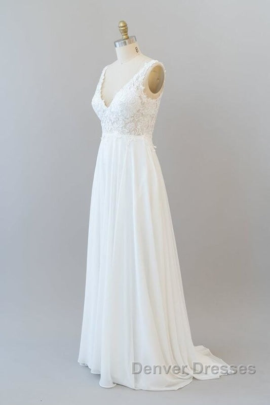 V-neck Appliques Chiffon A-line Wedding Dress