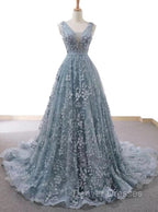 V-Neck Appliques Lace Wedding Dress With Chapel Train