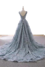 V-Neck Appliques Lace Wedding Dress With Chapel Train