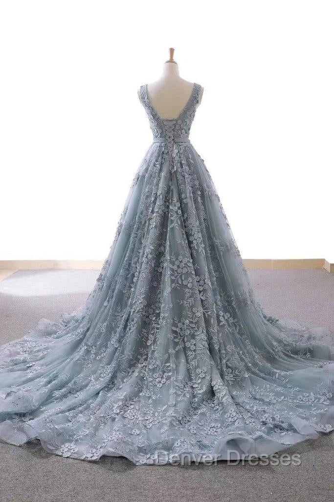 V-Neck Appliques Lace Wedding Dress With Chapel Train