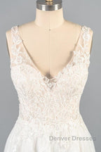 V-neck Appliques Tulle A-line Wedding Dress