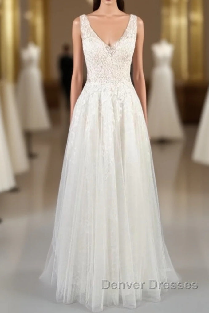 V-neck Appliques Tulle A-line Wedding Dress