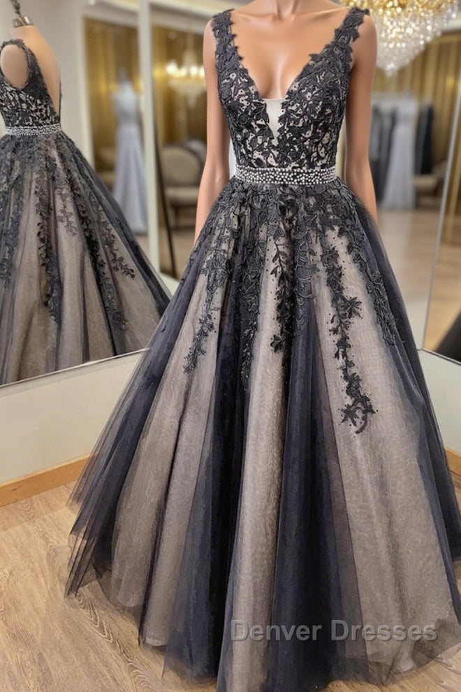 V Neck Backless Black Lace Long Prom Dress, Black Lace Formal Dress, Black Evening Dress Main image