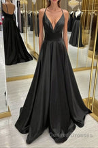 V Neck Backless Black Satin Long Prom Dress, Backless Black Formal Dress, Black Evening Dress