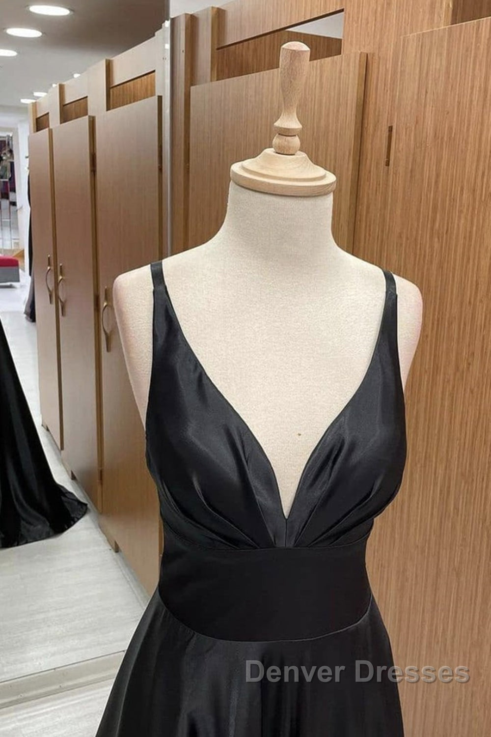 V Neck Backless Black Satin Long Prom Dress, Backless Black Formal Dress, Black Evening Dress