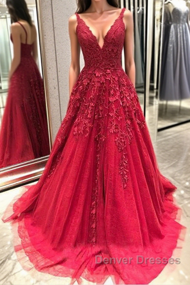 V Neck Backless Burgundy Lace Long Prom Dress, Burgundy Lace Formal Graduation Evening Dress Main image