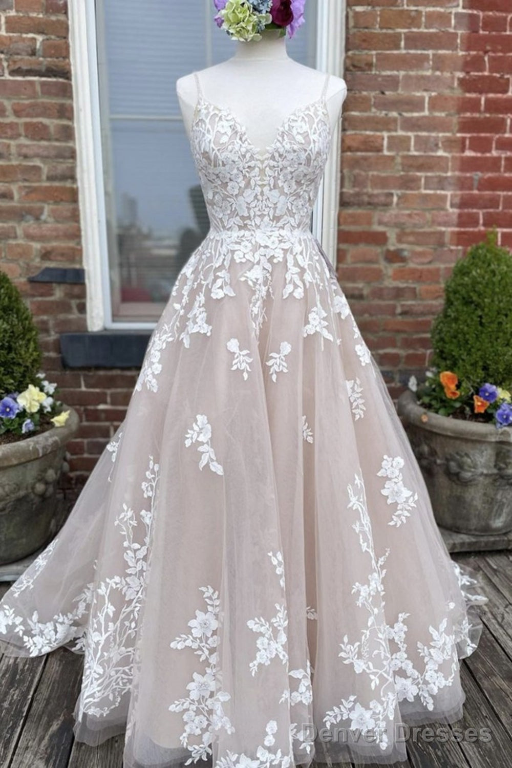 V Neck Backless Champagne Lace Appliques Long Prom Dress, Champagne Lace Formal Evening Dress A1313 Main image