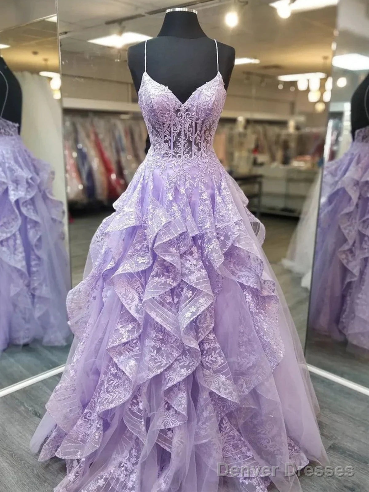 V Neck Backless Fluffy Lilac Lace Long Prom Dresses, Purple Lace Formal Evening Dresses, Lilac Ball Gown Main image