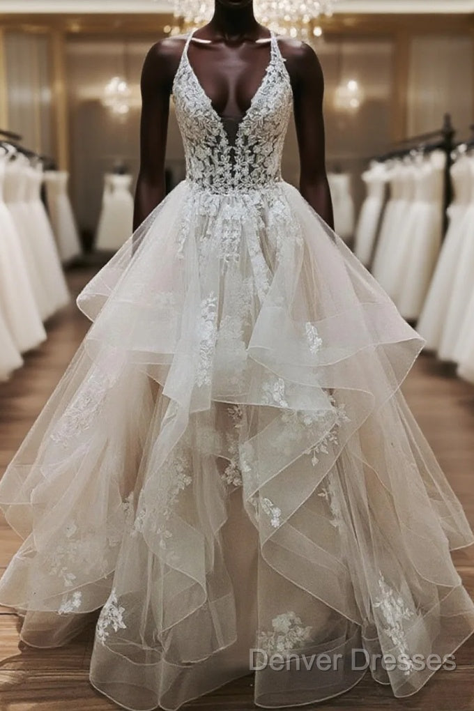 V Neck Backless Light Champagne Lace Wedding Dress, Open Back Champagne Lace Formal Prom Dress Main image