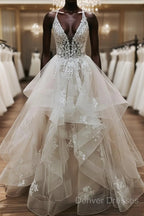 V Neck Backless Light Champagne Lace Wedding Dress, Open Back Champagne Lace Formal Prom Dress