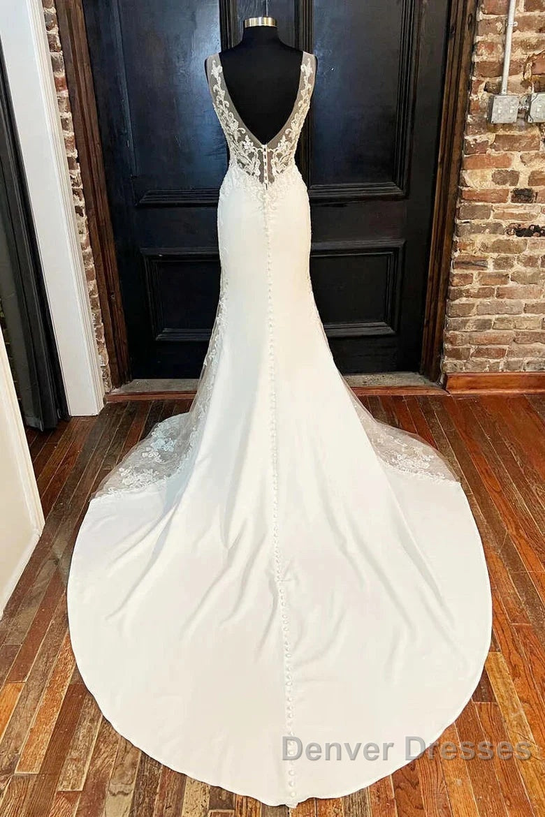 V-Neck Backless Mermaid Long Wedding Gown