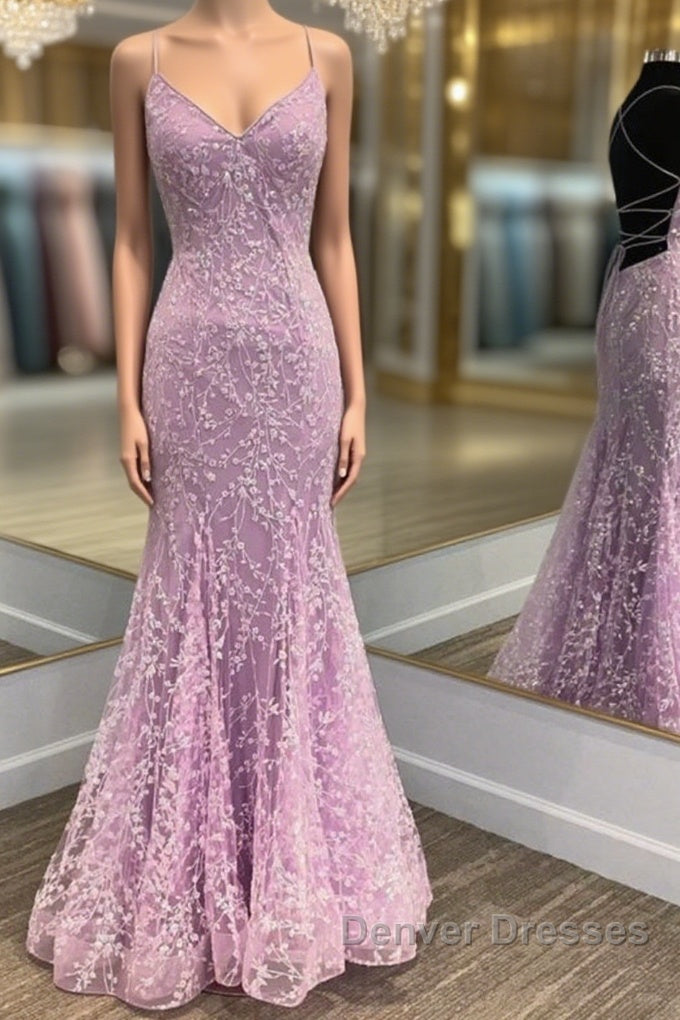 V Neck Backless Mermaid Purple Lace Long Prom Dress, Mermaid Purple Formal Dress, Purple Lace Evening Dress