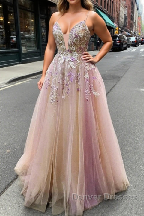 V Neck Backless Pink Lace Floral Long Prom Dress, Pink Lace Formal Dress, Pink Evening Dress Main image