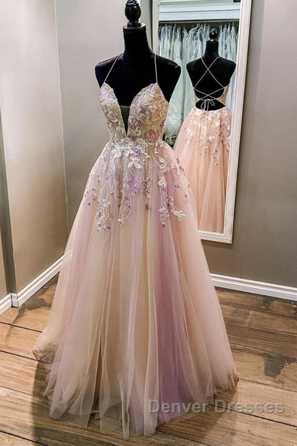 V Neck Backless Pink Lace Floral Long Prom Dress, Pink Lace Formal Dress, Pink Evening Dress Secondary image