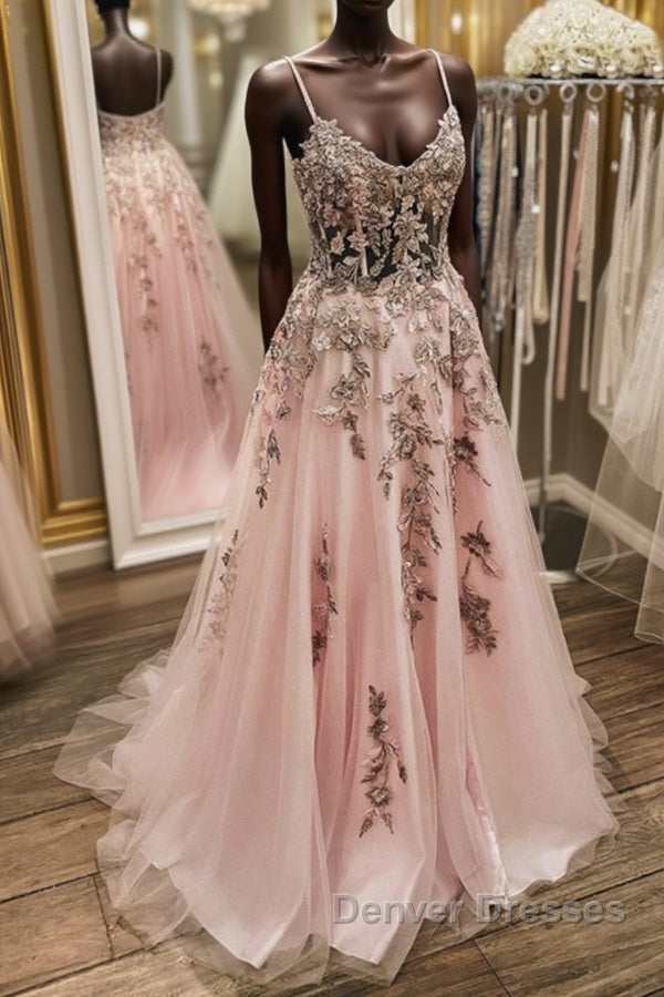 V Neck Backless Pink Lace Long Prom Dress, Long Pink Lace Formal Evening Dress