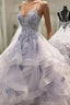 V Neck Backless Ruffles Appliques Tulle Blue Prom Dress