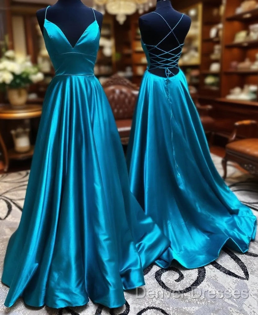 V Neck Backless Teal Long Prom Dress, V Neck Open Back Blue Formal Evening Dress