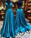 V Neck Backless Teal Long Prom Dress, V Neck Open Back Blue Formal Evening Dress