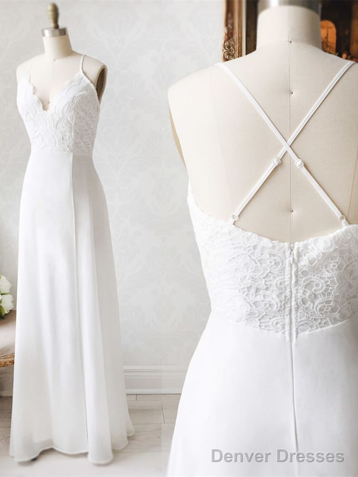 V Neck Backless White Lace Prom Dresses, Open Back White Lace Wedding Bridesmaid Dresses Main image