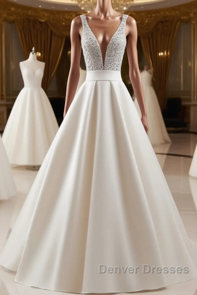 V Neck Backless White Prom Dress With Beads, V Neck Formal Dress, White Evening Dress Main image