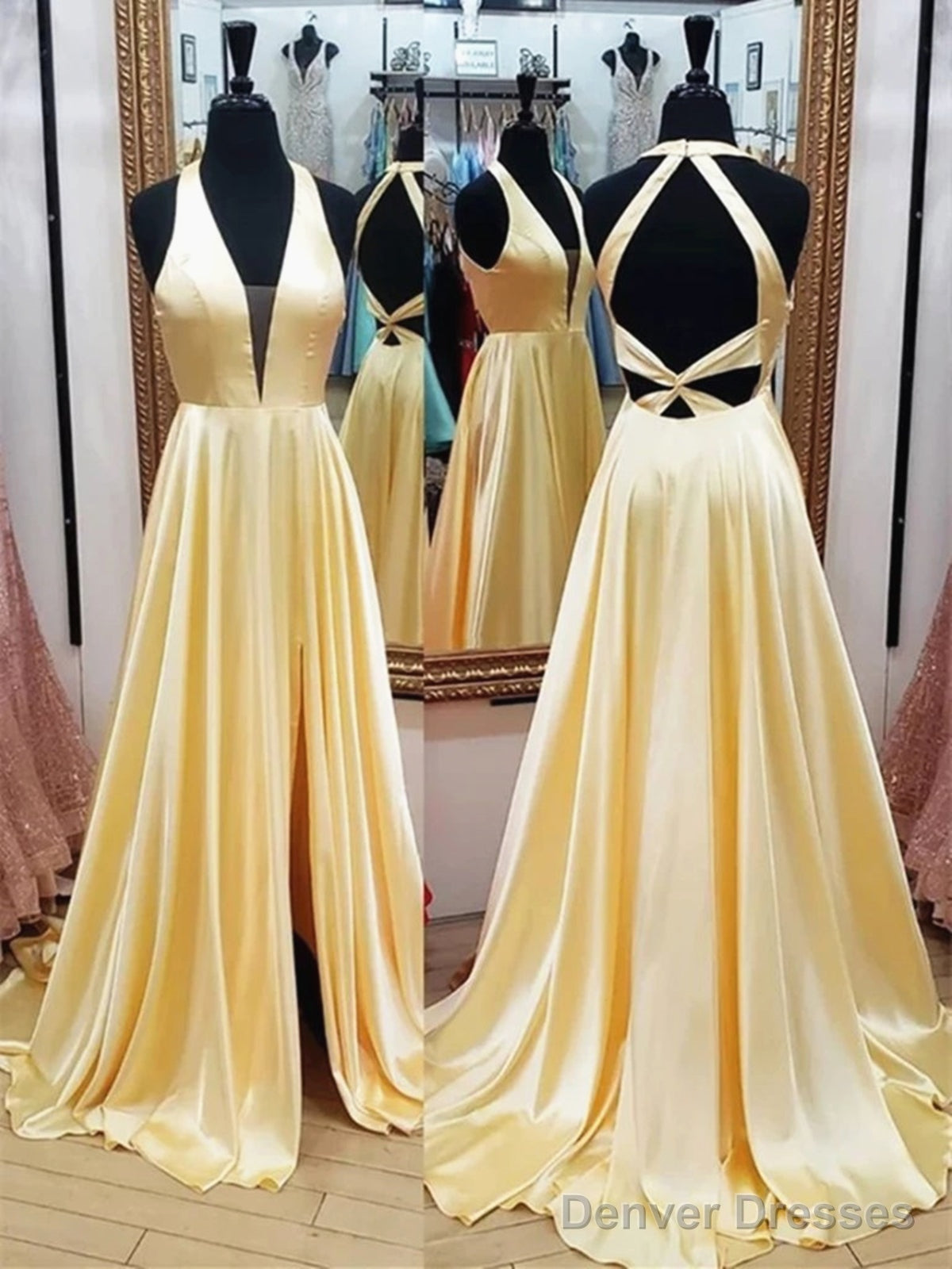 V Neck Backless Yellow Satin Long Prom Dresses, Yellow Open Back Formal Evening Graduation Dresses Main image