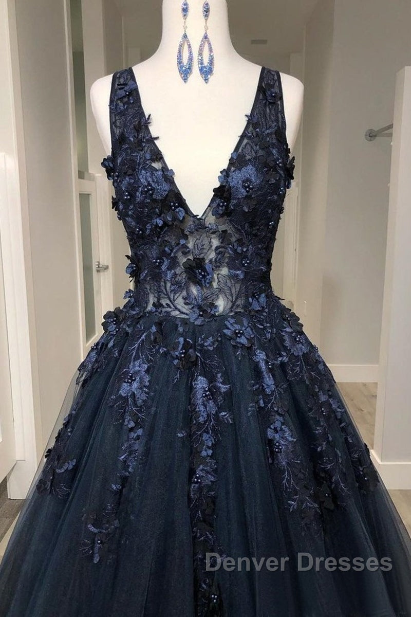 V Neck Beaded Black Lace Appliques Long Prom Dress, Black Lace Formal Graduation Evening Dress Secondary image