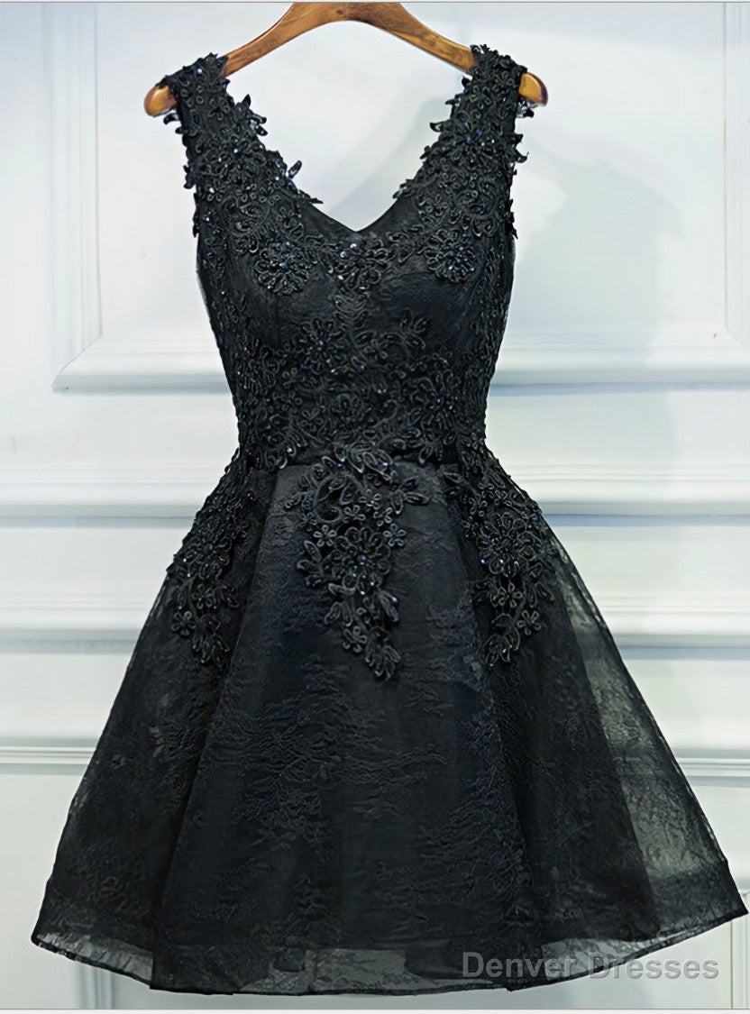 V-neck Beaded Elegance Appliqued Black Lace Homecoming Dresses