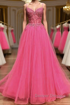 V Neck Beaded Hot Pink Lace Tulle Long Prom Dress, Hot Pink Lace Formal Dress, Hot Pink Evening Dress