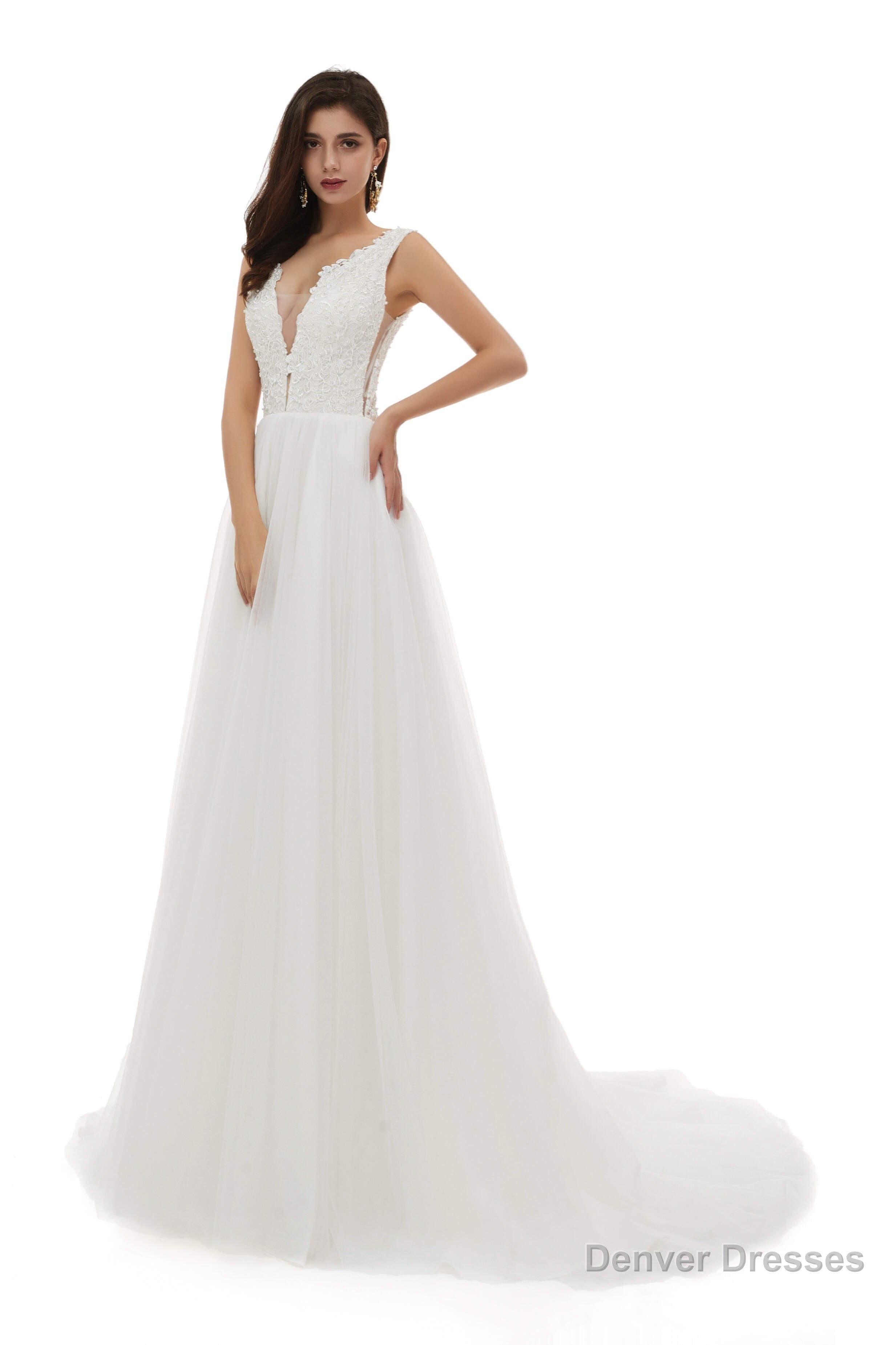 V-Neck Beaded Lace Beaded Applique Tulle Wedding Dresses