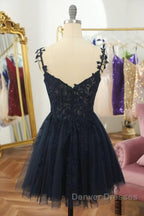 V Neck Beaded Navy Blue Lace Prom Dress, Navy Blue Lace Homecoming Dress, Short Navy Blue Formal Graduation Evening Dress