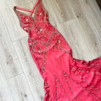 Fairytale Cream Beige/Black/Pink V Neck Sophisticated Elegant Floral Long Evening Prom Dress