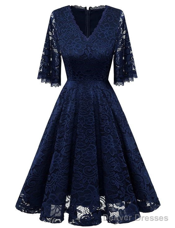 V-Neck Bell Sleeve A-Line Knee Length Lace Bridesmaid Dress Homecoming Dress With Lace