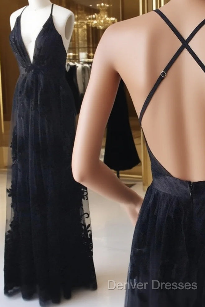 V Neck Black Backless Lace Prom Dress, Open Back Black Lace Formal Evening Bridesmaid Dress