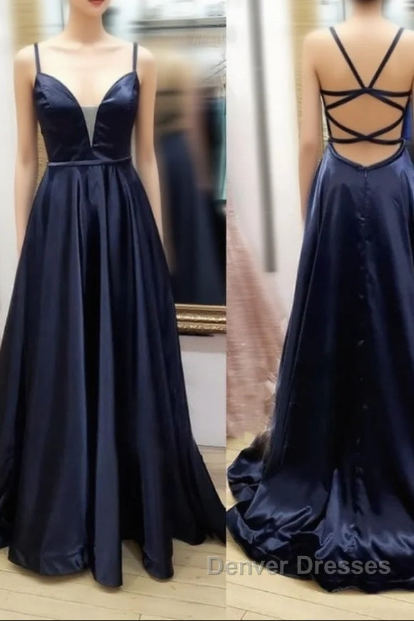 V Neck Black Satin Long Prom Dress, Black V Neck Long Satin Formal Evening Dress Main image