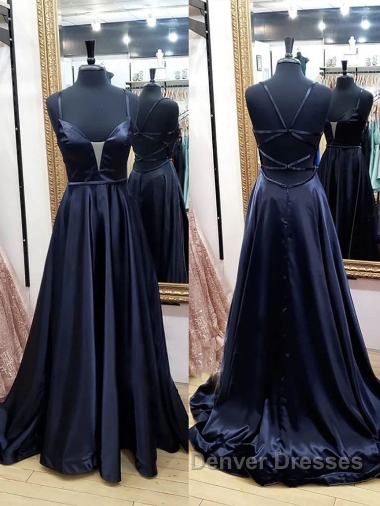 V Neck Black Satin Long Prom Dress, Black V Neck Long Satin Formal Evening Dress