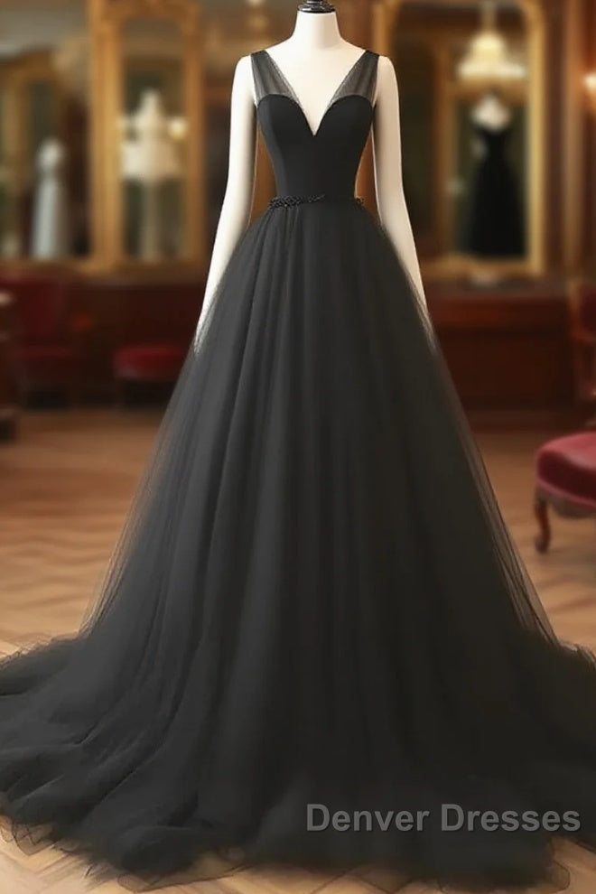 V Neck Black Tulle A Line  Prom Dress Main image