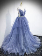 V Neck Blue Beaded Layered Long Prom Dresses, Blue High Low Formal Graduation Dresses