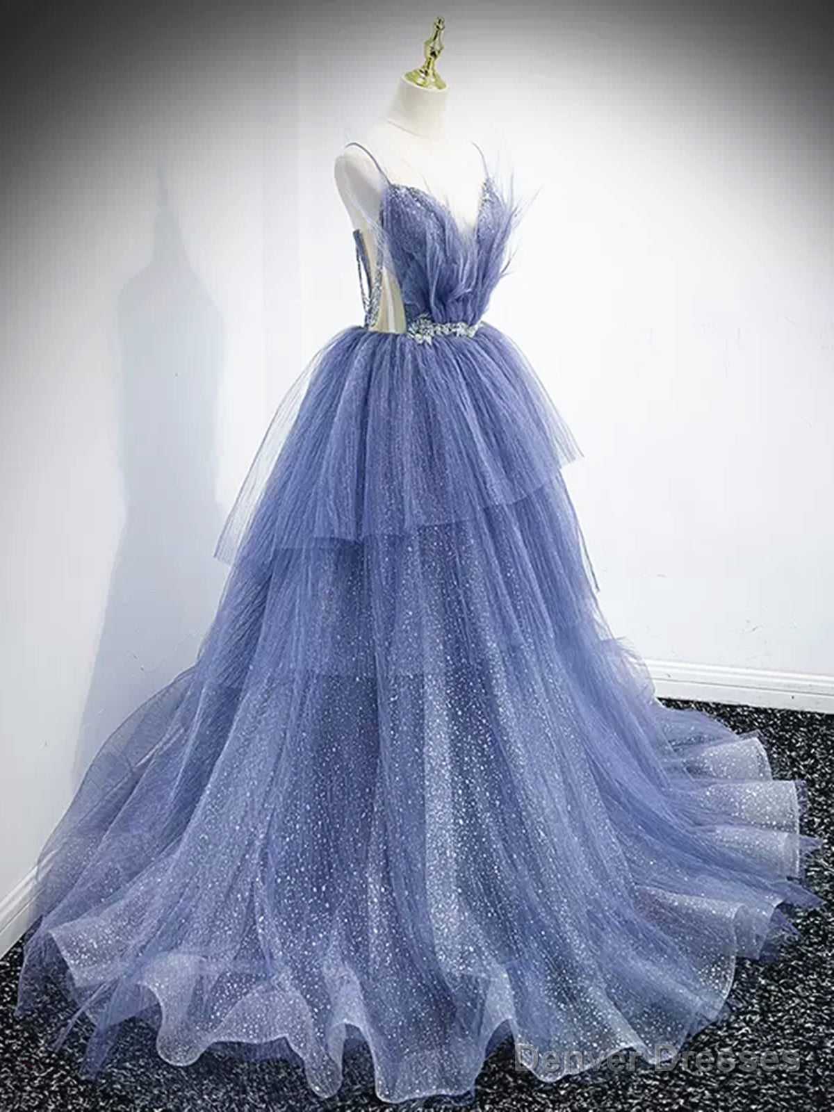 V Neck Blue Beaded Layered Long Prom Dresses, Blue High Low Formal Graduation Dresses