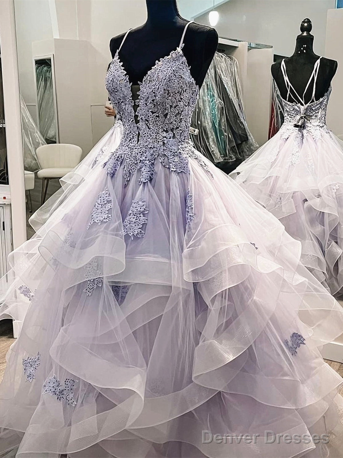 V Neck Blue Lace Puffy Long Prom Dresses, Blue Lace Long Puffy Formal Evening Dresses Main image