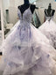 V Neck Blue Lace Puffy Long Prom Dresses, Blue Lace Long Puffy Formal Evening Dresses