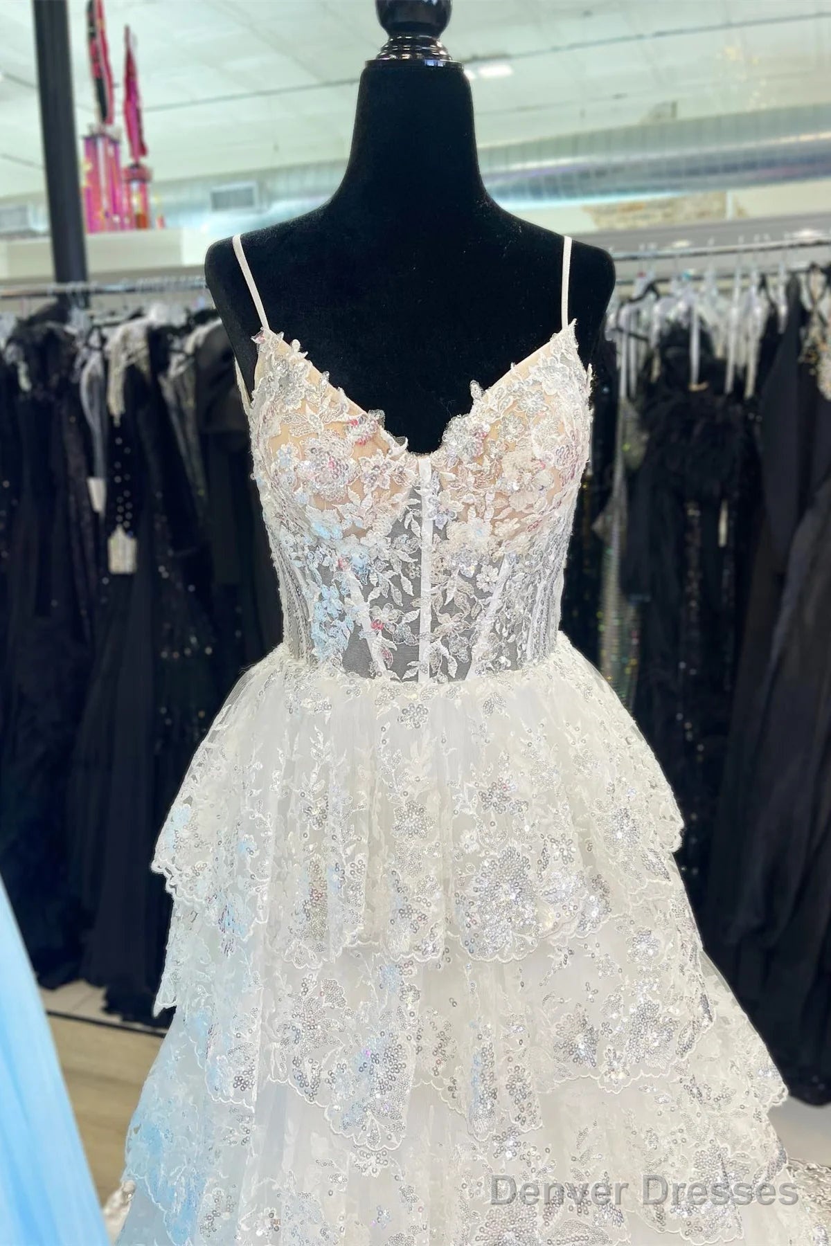 V Neck Blue White Red Layered Lace Prom Dresses, V Neck Blue White Red Lace Formal Evening Dresses