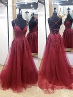 V Neck Burgundy Lace Prom Dress Long, Wine Red V Neck Lace Long Formal Evening Dress