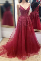 V Neck Burgundy Lace Prom Dress Long, Wine Red V Neck Lace Long Formal Evening Dress