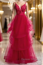 V Neck Burgundy Lace Prom Dress, Wine Red Lace Formal Evening Graduation Dress