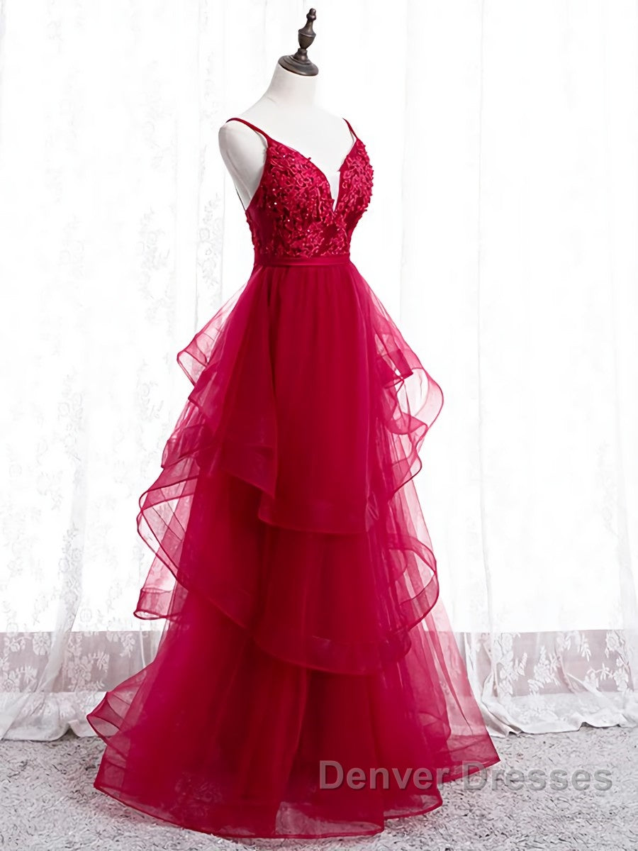 V Neck Burgundy Lace Prom Dress, Wine Red Lace Formal Evening Graduation Dress Secondary image