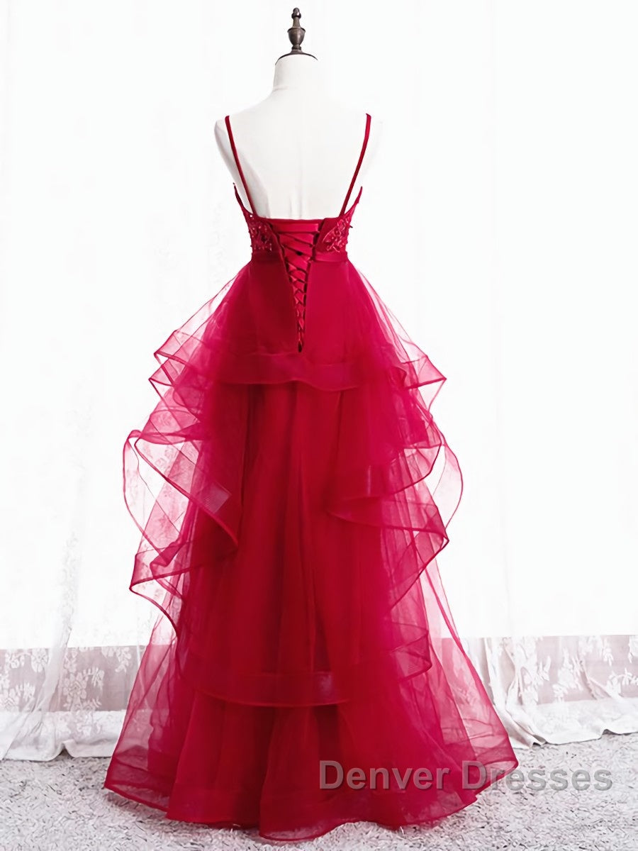 V Neck Burgundy Lace Prom Dress, Wine Red Lace Formal Evening Graduation Dress