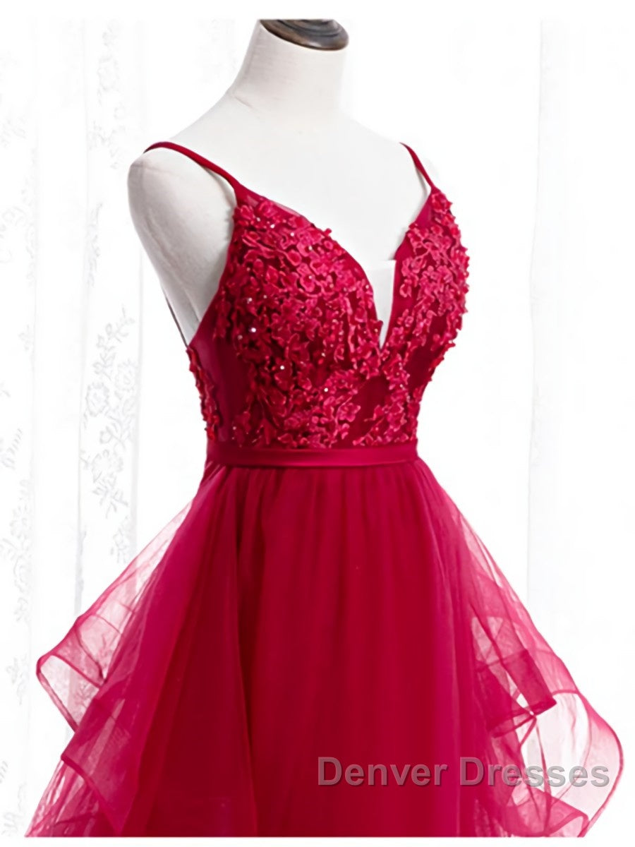 V Neck Burgundy Lace Prom Dress, Wine Red Lace Formal Evening Graduation Dress