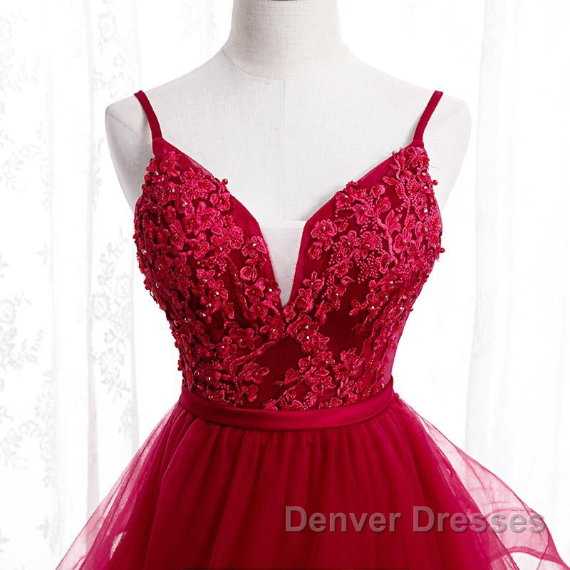 V Neck Burgundy Lace Prom Dress, Wine Red Lace Formal Evening Graduation Dress