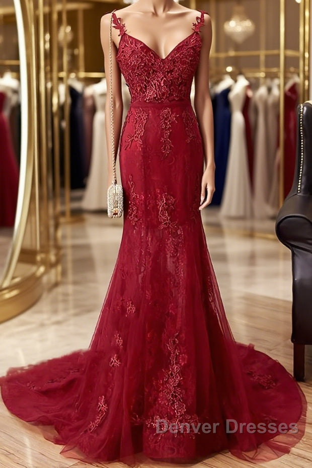 V Neck Burgundy Mermaid Lace Prom Dress, Wine Red Mermaid Lace Formal Bridesmaid Dress Main image